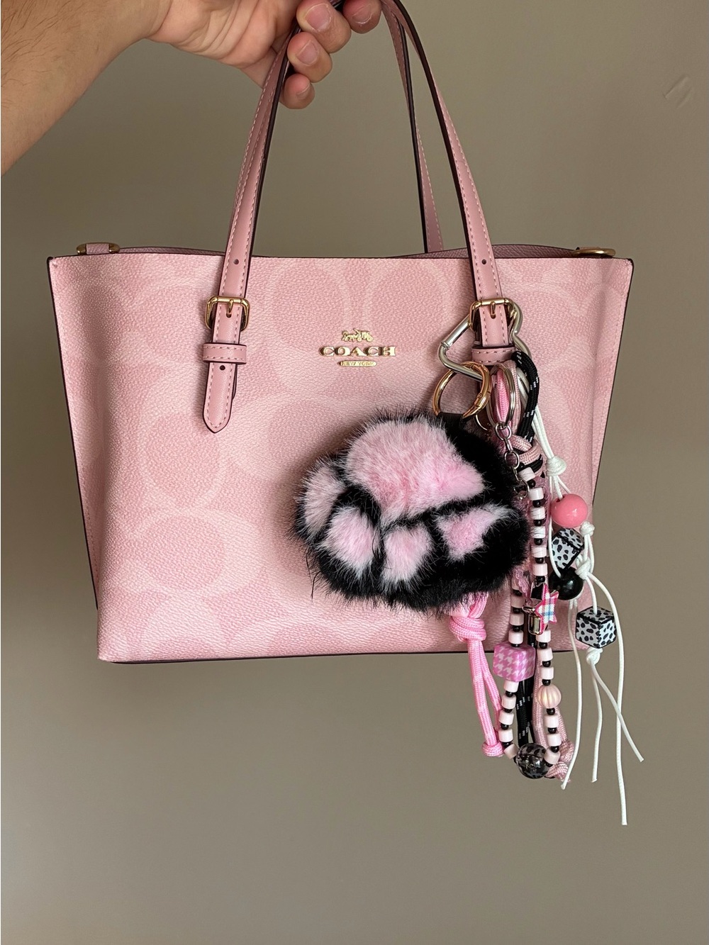 Black/ Pink Paw Pom Pom Keychain Bag  Charm With Tassels